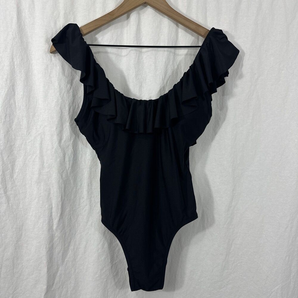 J. Crew Ruffle Scoop Back One Piece Black Swimsuit Womens Sz 2 Resortwear Beach